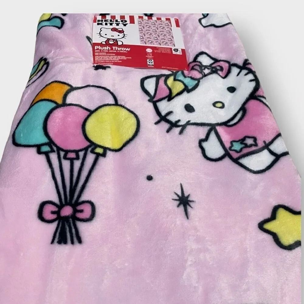 Hello Kitty Pink Unicorn Plush Throw Blanket 50”x70” Cloud Balloons Rainbows (a)